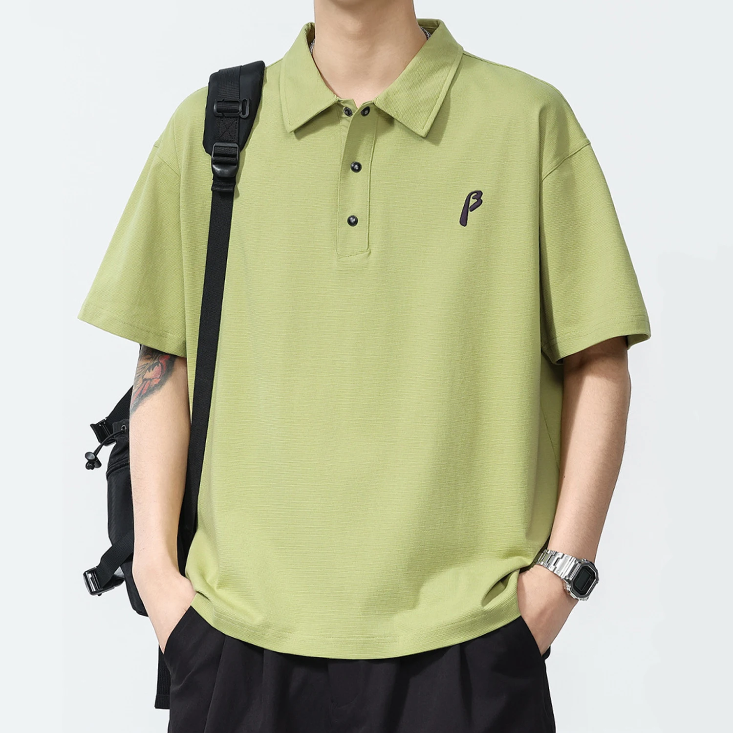 

New Cool Short Sleeved Polo Shirt for Men's Summer Fashion, Black Loose Oversized Top, Comfortable and Breathable