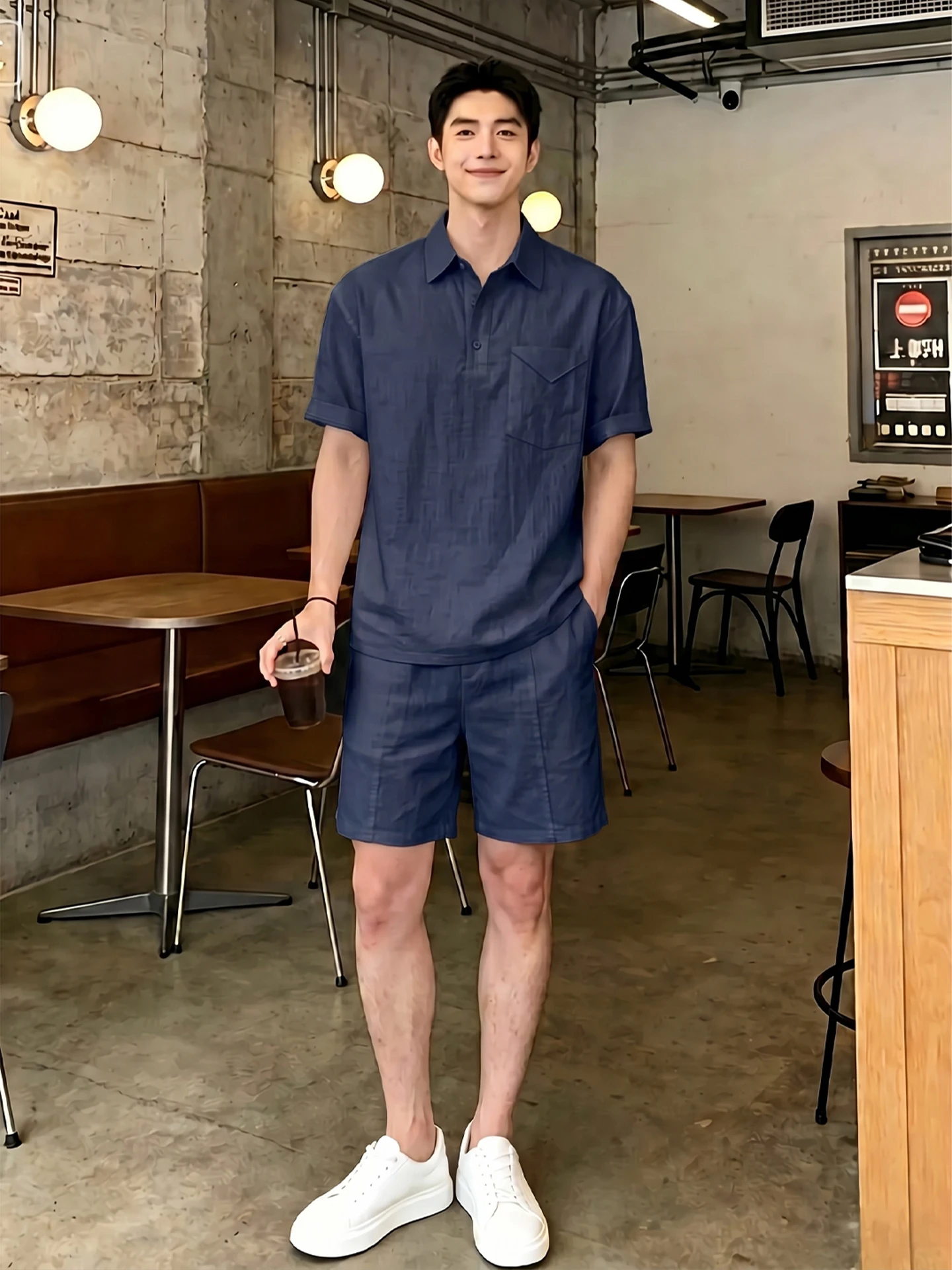 

Laoqianfeng Linen Men's Summer Cool Feeling Breathable Short Sleeve Shirt with Cotton Linen Shorts Complete Set