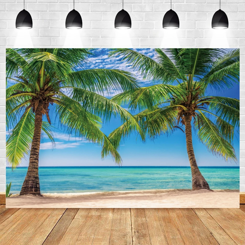 Tropical Summer Seaside Backdrop Hawaii Palm Tree Blue Sky Sea Ocean Beach Party Photo Wedding Baby Birthday Background  Banner