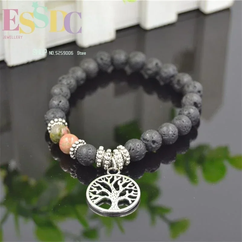8mm Natural Black Lava Bracelet Resist Fatigue Energy Stone Healing  Tree of Life Pendant Yoga Jewelry For Men or Women