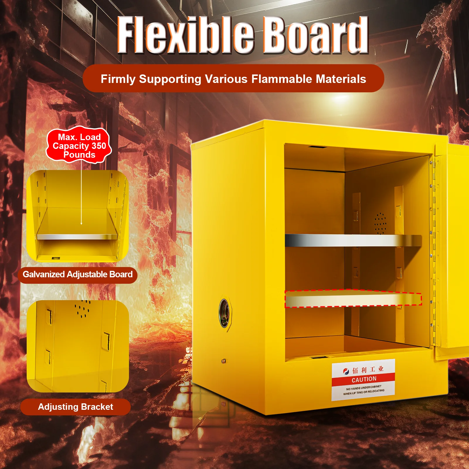 Yellow Safety Cabinet for Flammable Materials – Durable Fire-resistant Storage with Adjustable Galvanized Shelf