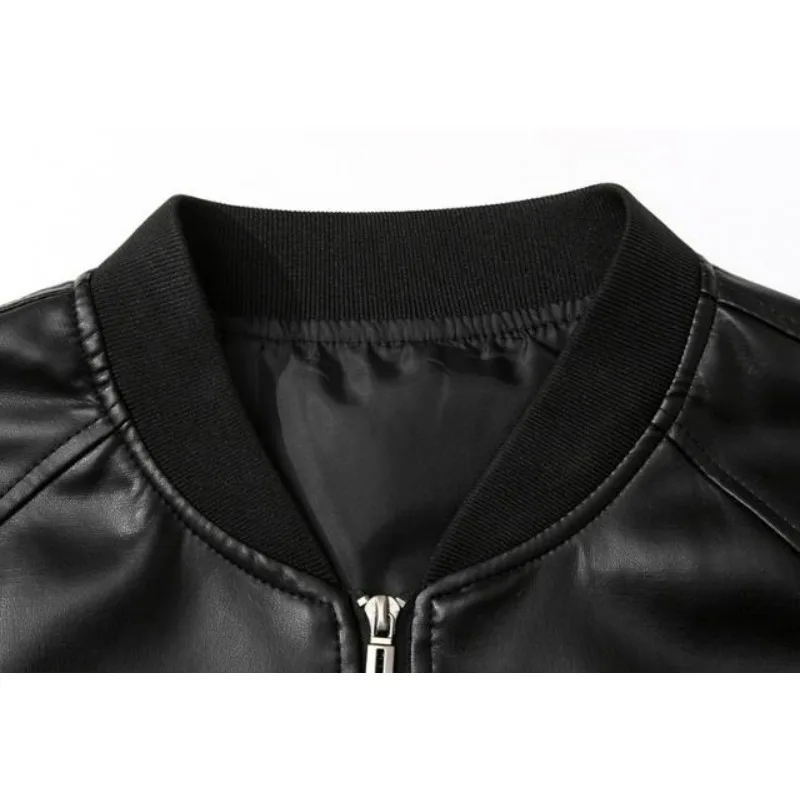 KIDWHXR Men Leather Jacket Thicken Fleece Windproof Waterproof Man Outerwear Punk Stand Collar Long Sleeve Zipper Male Coat