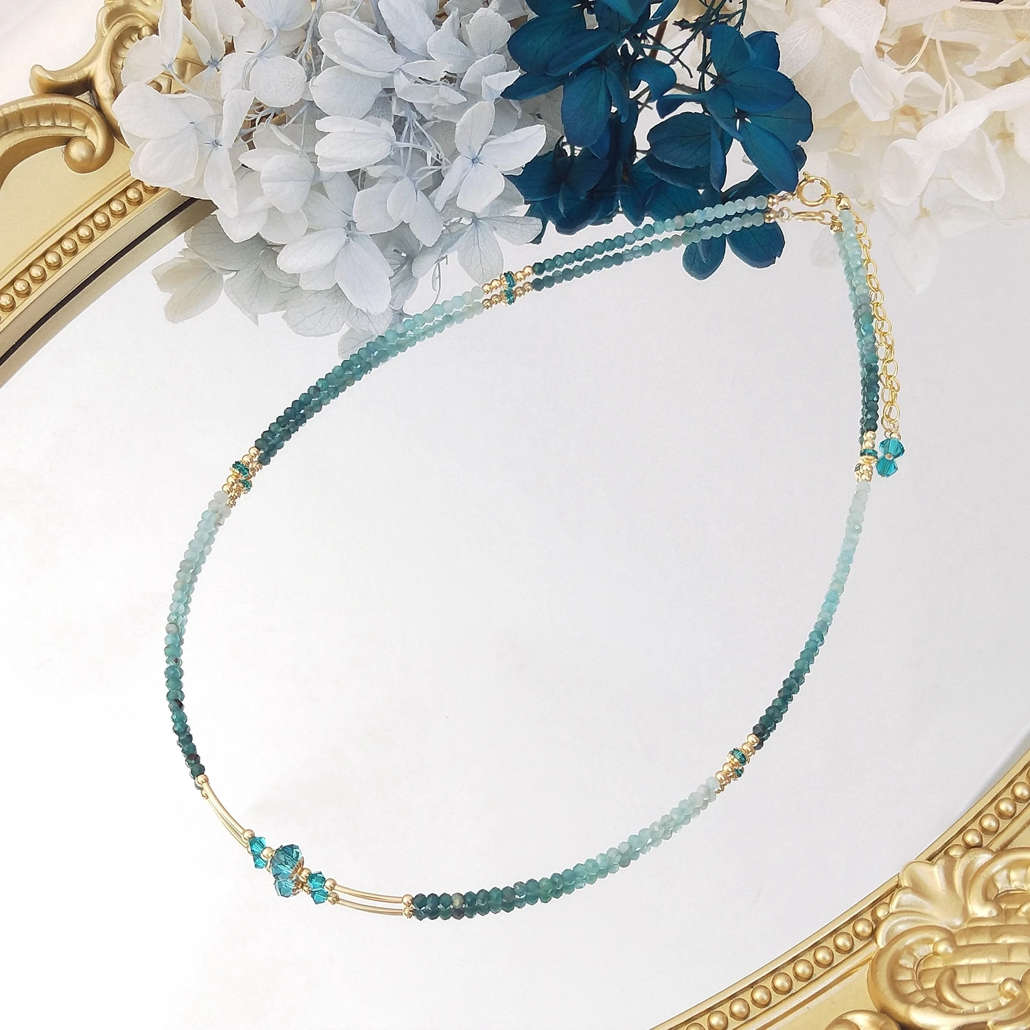 

Lii Ji Natural Blue Tourmaline 2mm With Crystal Choker American 14K Gold Filled Necklace 38+5cm Real Stone Handmade Jewelry