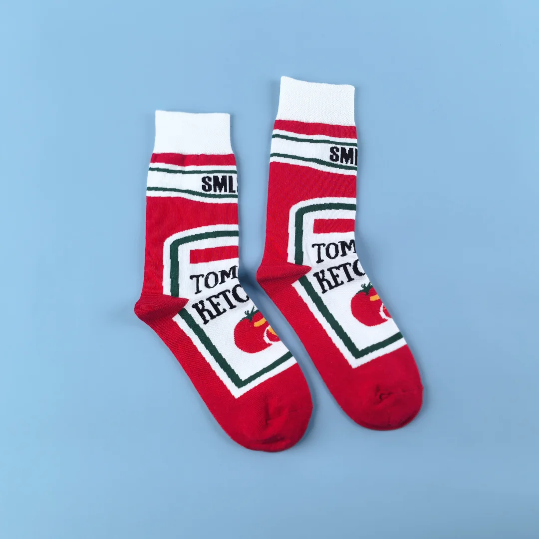 1 Pair  Funny Tomato Ketchup Printed Mid-Calf Men Socks Suit In All Seasons