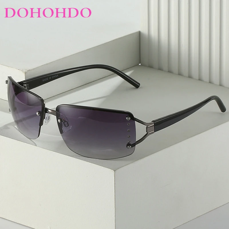 DOHOHDO Rimless Y2k Sunglasses For Women Men Trendy Shield Wrap Around Rectangle Sun Glasses Fashion New Diamond Studded Glasses