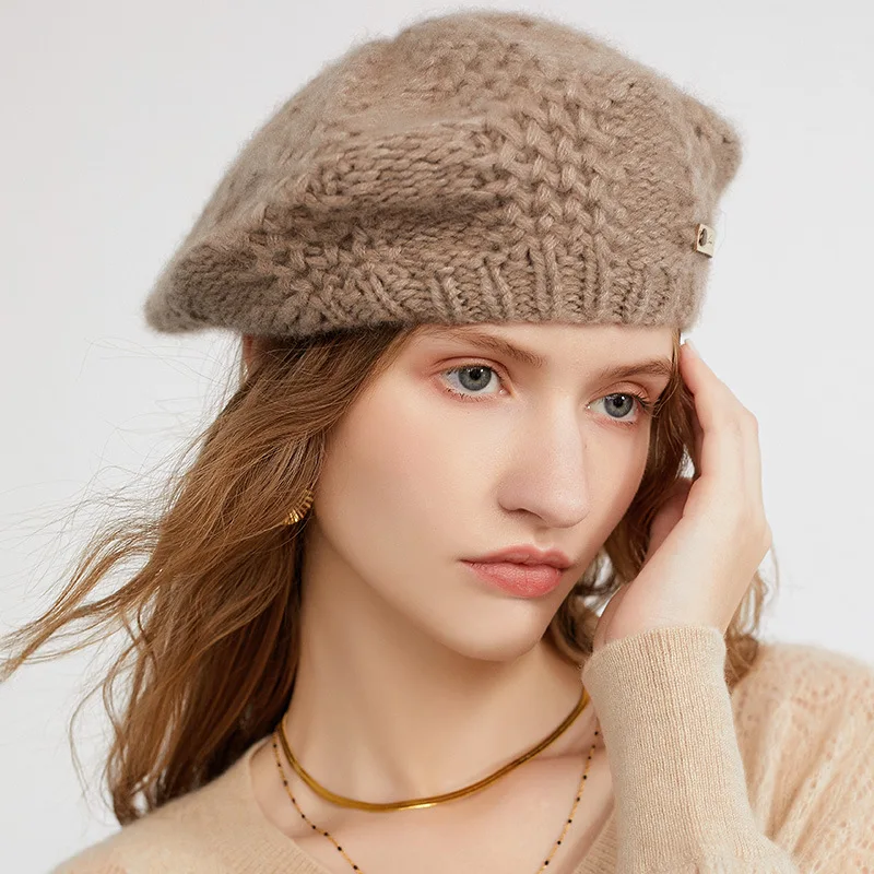 100% Cashmere Beret Hand-Knitted Solid Color Beanie for Women Round Top Warm Winter Hat New Fashion Autumn Winter Wool Cap