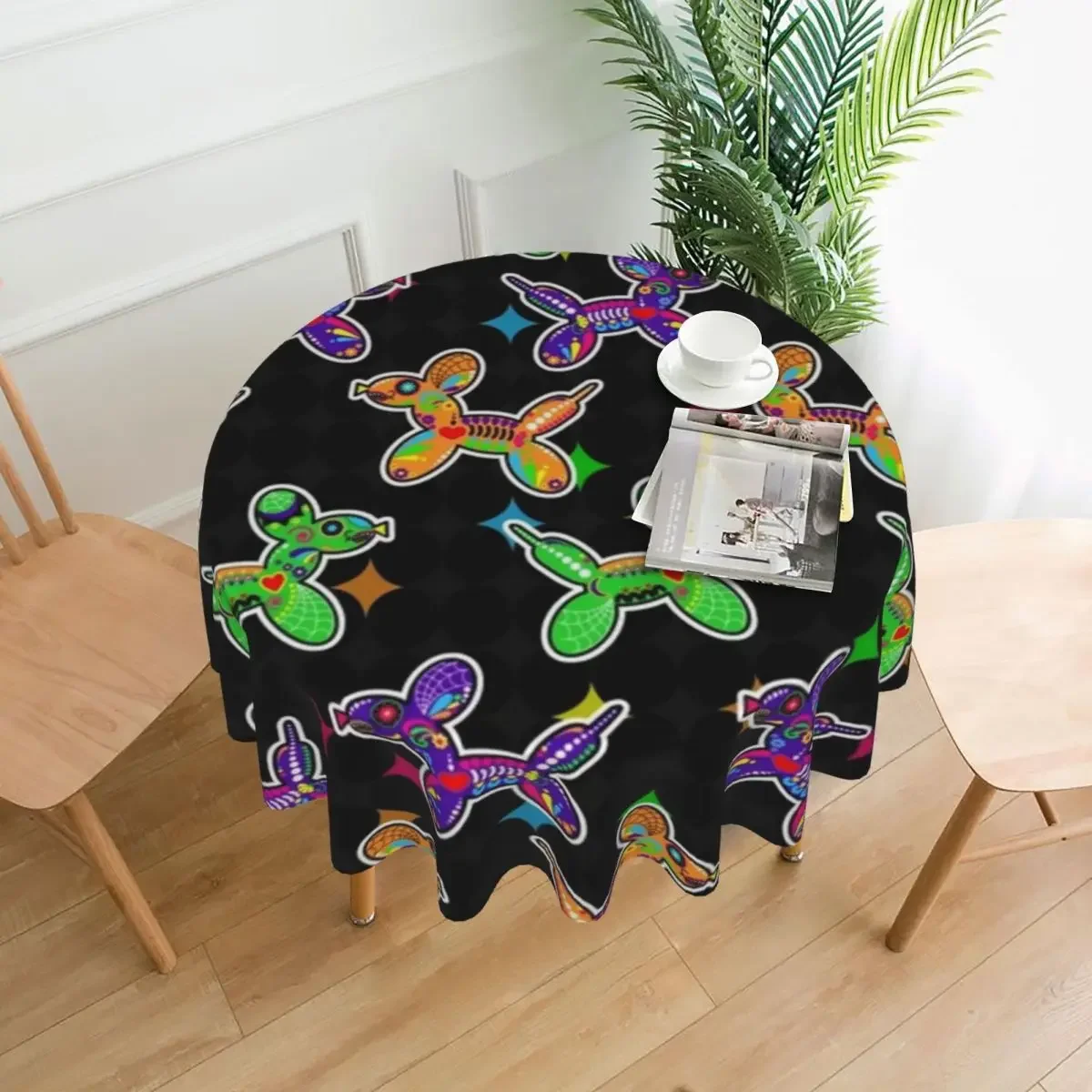 Sugar Skull Balloon Dogs Round Tablecloth Rainbow Graphic Table Cover For Kitchen Dining Room Fashion Waterproof Table Cover