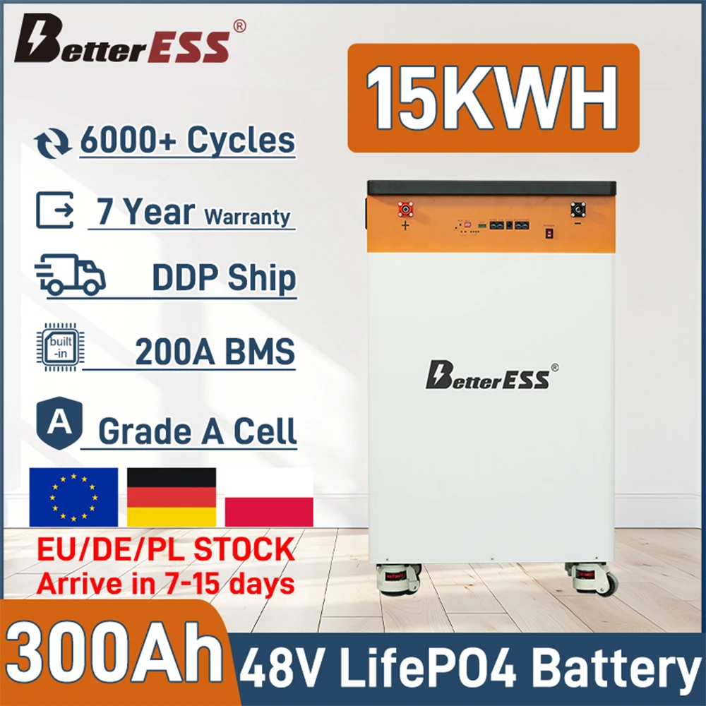 AliExpress betteress EU STOCK LiFePO4 48V 300Ah Battery Pack Portable Wheeled 15Kwh  6000+ Cycle 100A BMS 51V Lithium Battery Home Energy EU NO TAX