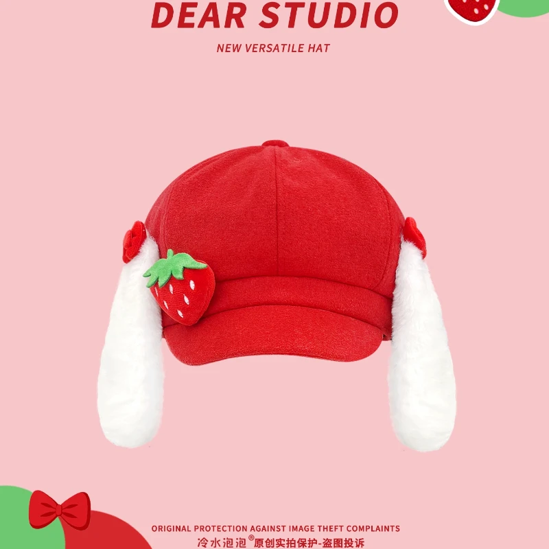

Cute Plush Rabbit Ears Strawberry Patch Red Berets Cap Y2k Spring and Autumn Fashion Versatile Personality Newsboy Hats Woman
