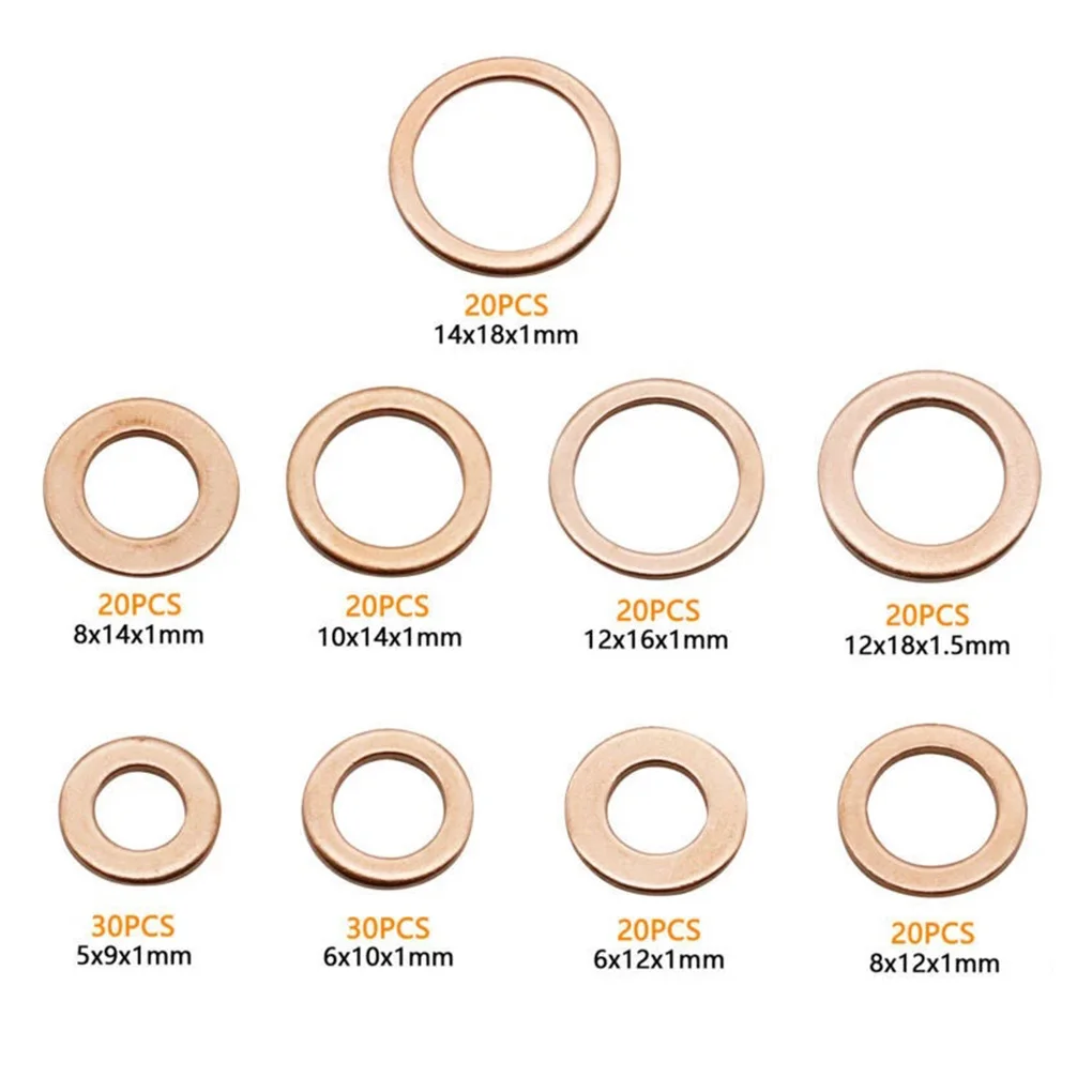 200 قطعة جوانات نحاسية محاصرة حلقات دائرية لختم الزيت جوانات مسطحة أجزاء أداة غسالات النحاس المصنوعة من الصلب