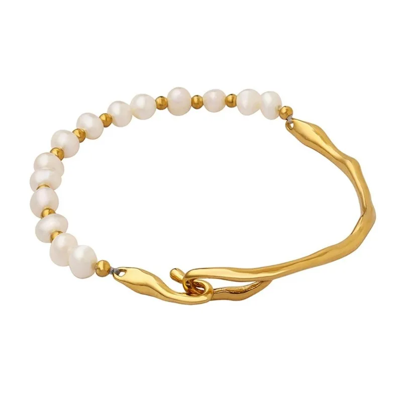 

Gold Plated Pearl Bracelet Women Stainless Steel Cuff Freshwater Pearl Beads Fashion Jewelry Gift Wedding Bride