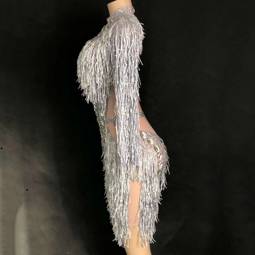 Mini robe à paillettes et strass scintillants, tenue à franges pour femmes, Costume de spectacle, de discothèque, de fête d'anniversaire, de spectacle