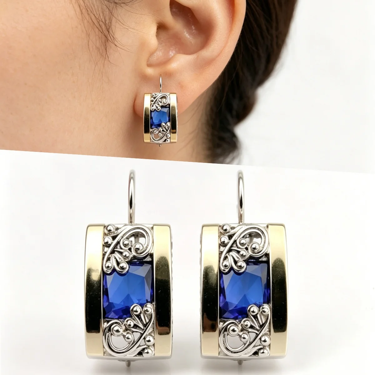 Vintage Chic Blue Synthetic Zirconia Two Tone Vine Dangle Earrings for Women Elegant Luxury Banquet Festival Jewelry Accessories