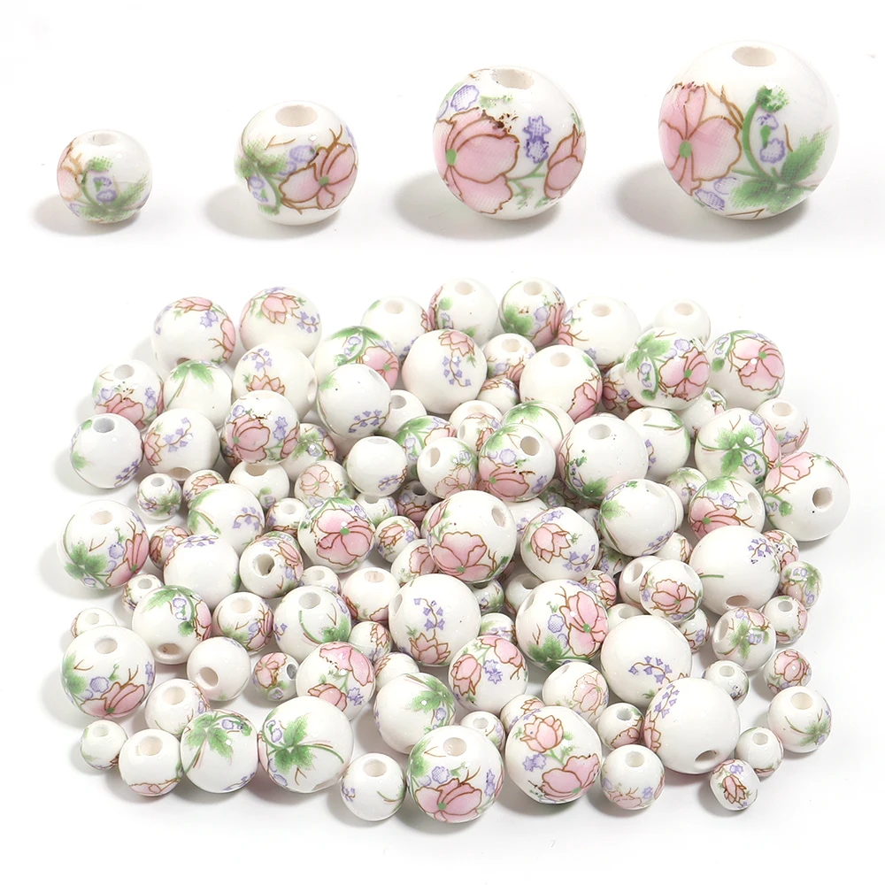20-30pcs/lot 6/8/10/12mm Jingdezhen Ceramic Round Beads Pink Flower Print Loose Spacer Beads For DIY Jewelry Findings Necklace