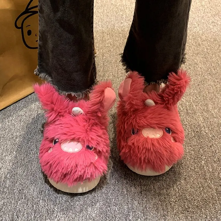 2023 new Fluffy Fur Slippers Women Men Autumn Winter Warm Shoes Soft Plush Lovers Home Floor Slides Cute Animal Frog Footwear