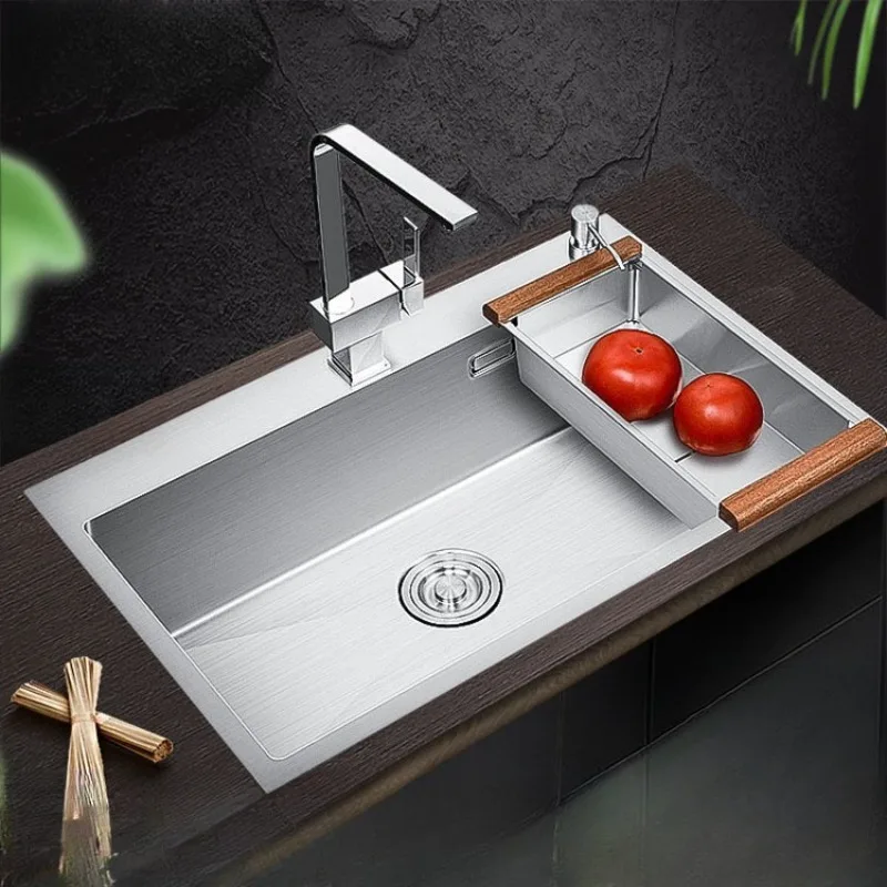 Stainless steel countertop basin, handmade large single tank, kitchen vegetable basin, rectangular rounded corner sink