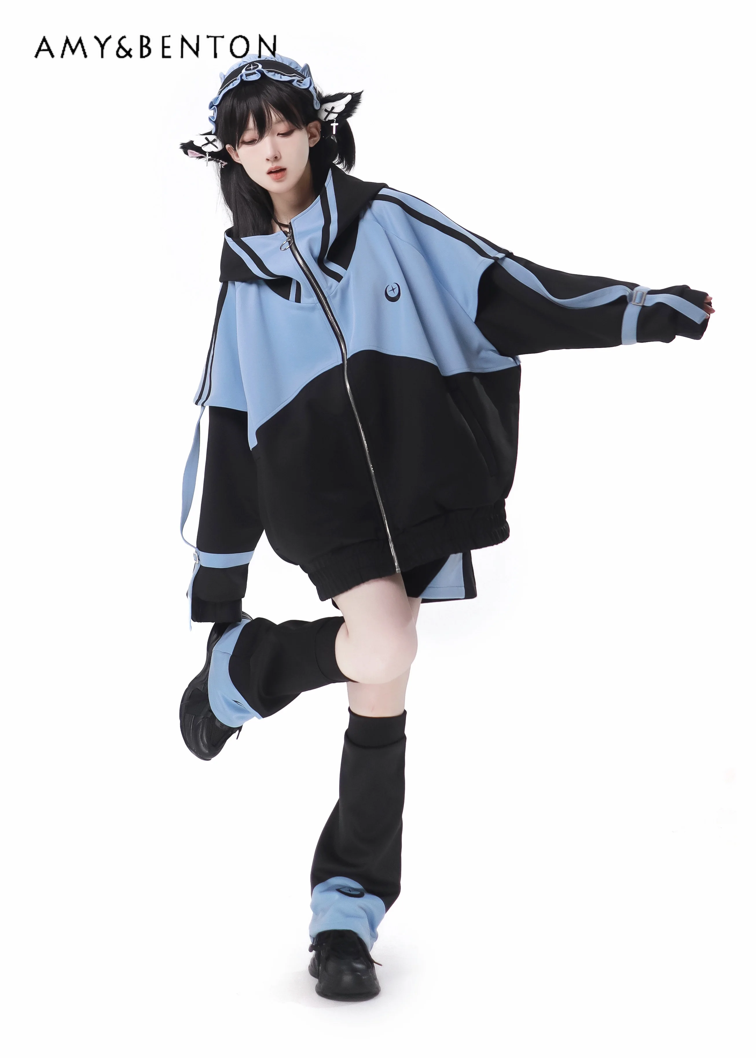 Harajuku Mine Mass-Produced Short Sets Japanese Street Gothic Oversized Hooded Jacket Coat Wide Leg Pants Two-Piece Sets Women