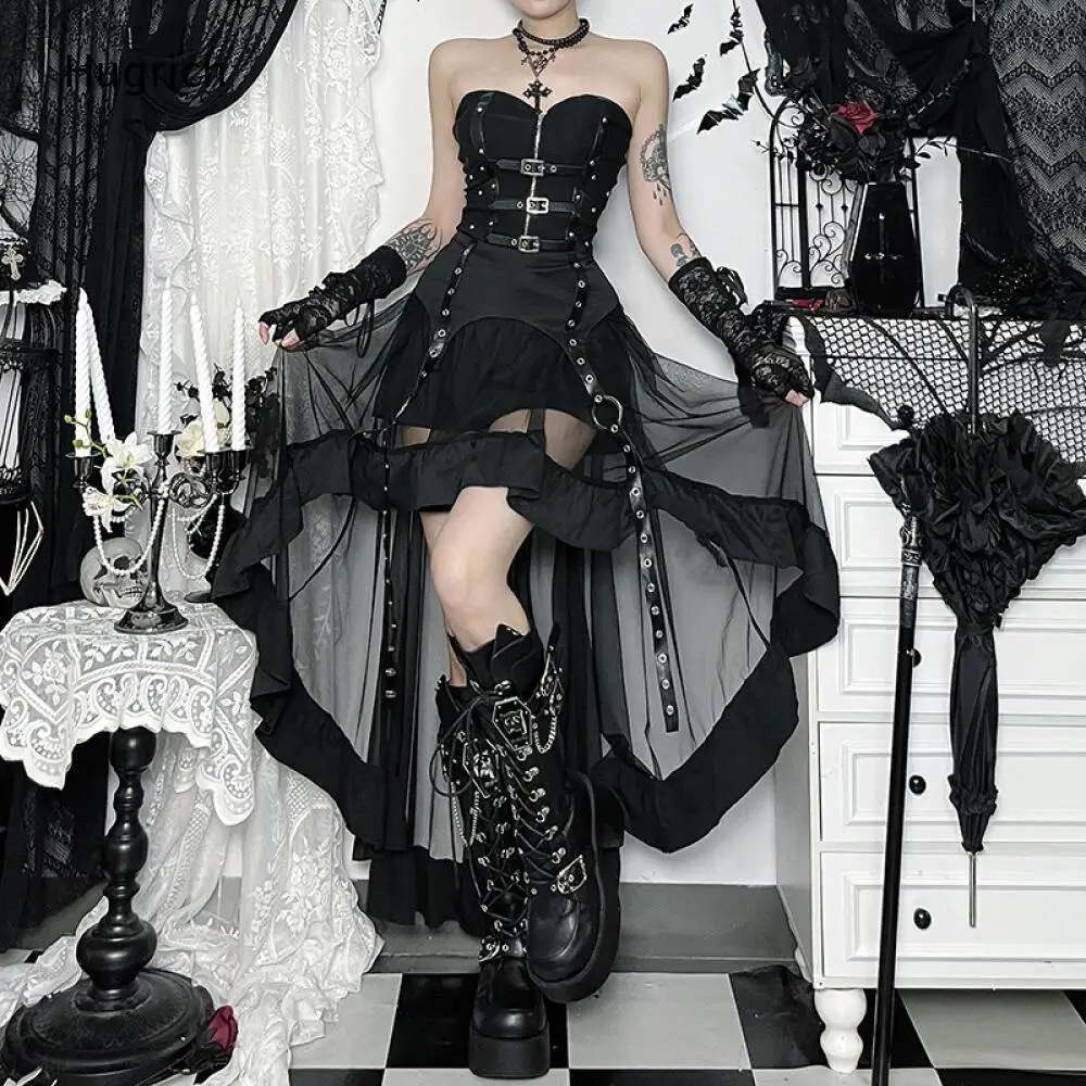 Women Dark Gothic Punk Maxi Skirt High Waist Metal Eyelet Rivet Strap Decor Ruffle Trim Sheer Tulle Mesh Irregular Hem Bottoms