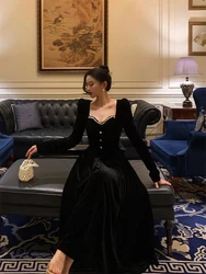 Vintage Velvet Black Midi Dress Women Autumn Elegant Hepburn Style Square Neck Dress Female Korean Camis A Line Vestidos New