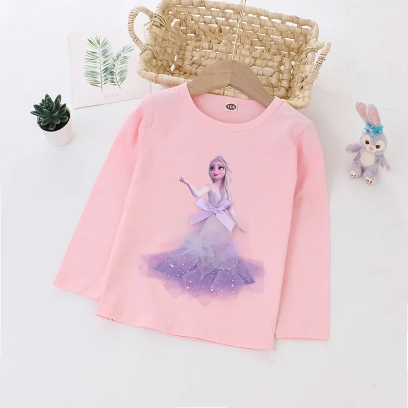 2024 Tee Shirt for Girl Clothing Long Sleeves for Children\'s T-shirt Girls Long Sleeve Tops Quality Cotton Frozen Elsa Clothes