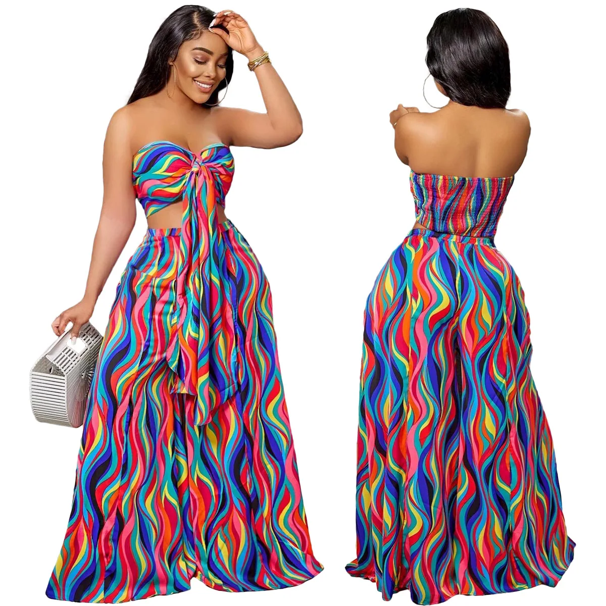 

2024 New Summer Colorful Print Bandage Tube Top Wide-leg Pants Suit Sexy Dress Women's Clothing