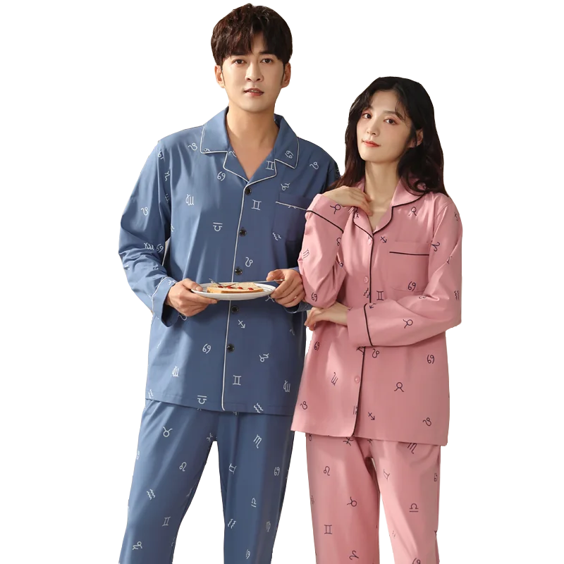 Spring and Autumn Couple Pajama Set Long Sleeve Cotton Leisure Men and Women Turn-down Collar Pyjamas