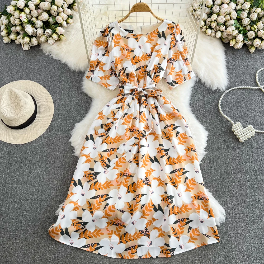 

2023 Summer Midi Flower Dress for Women O Neck Lace Up Half Sleeve Female Keen Dresses Casual Beach Vacation Chic New Fanshion