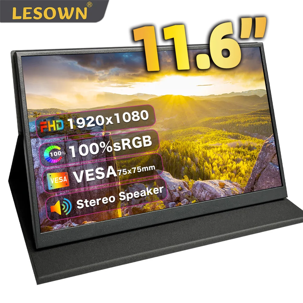 

Монитор LESOWN Raspberry Pi, 11,6-дюймовый внешний дисплей, 1920x1080, IPS, ультратонкая IPS-панель, портативные медиаплееры для ПК, ноутбука