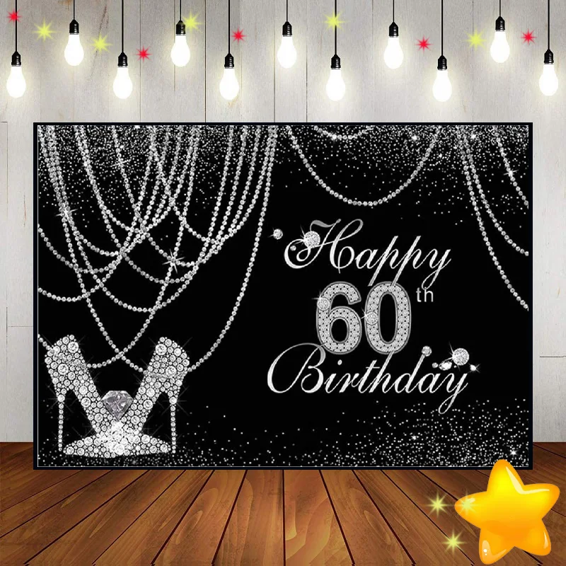 Happy 60th Birthday Party Men Sixty Photography Background Backdrop Navy Blue Gold Balloon Glitter Diamonds 60th Banner Decor