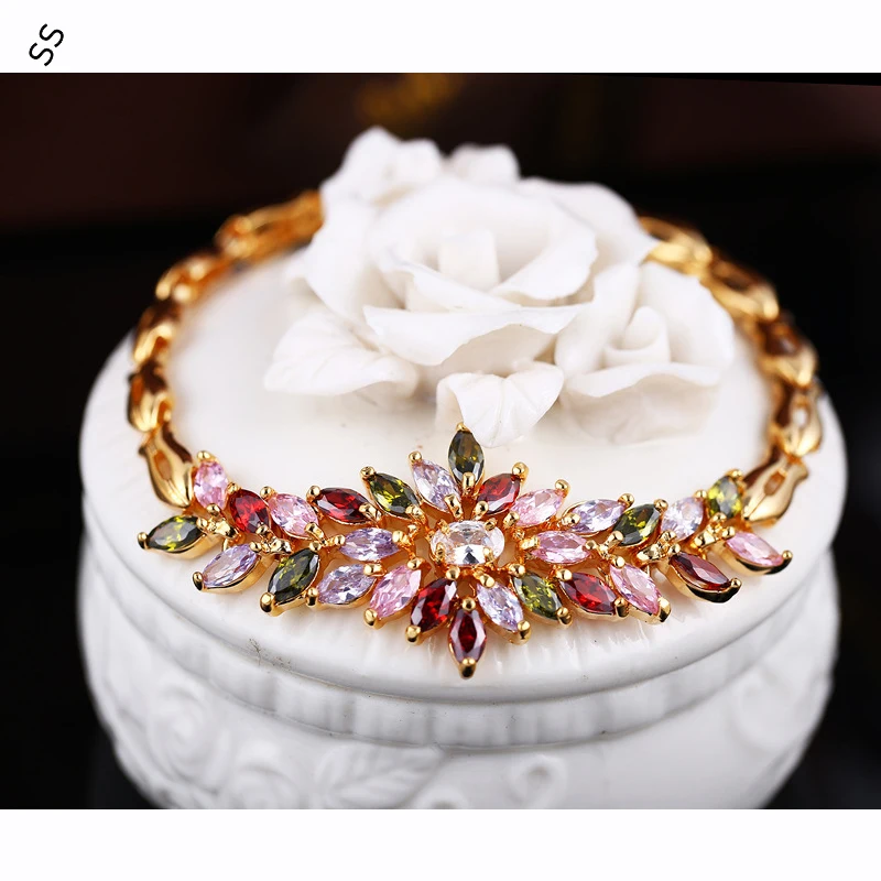 Copper Inlaid Colored Gemstone Zircon Bracelets for Bridal Wedding Dress Accessories Hand Chain Gold/Silver Metal