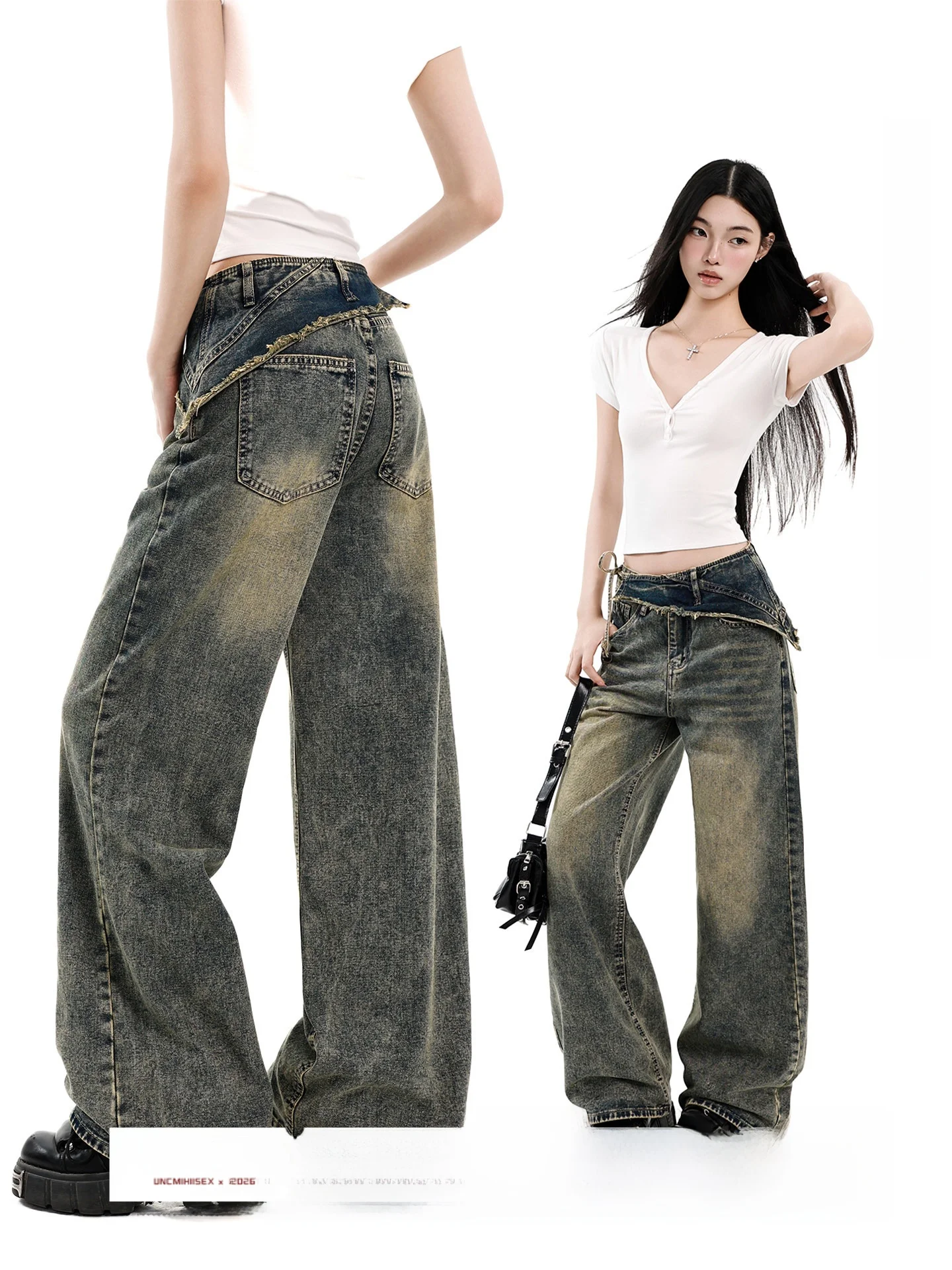 

Женские джинсы Uncmhisex в американском ретро-стиле с эффектом потертости, широкие, свободного кроя, прямые, длинные, для лета, в стиле Spicy Girl