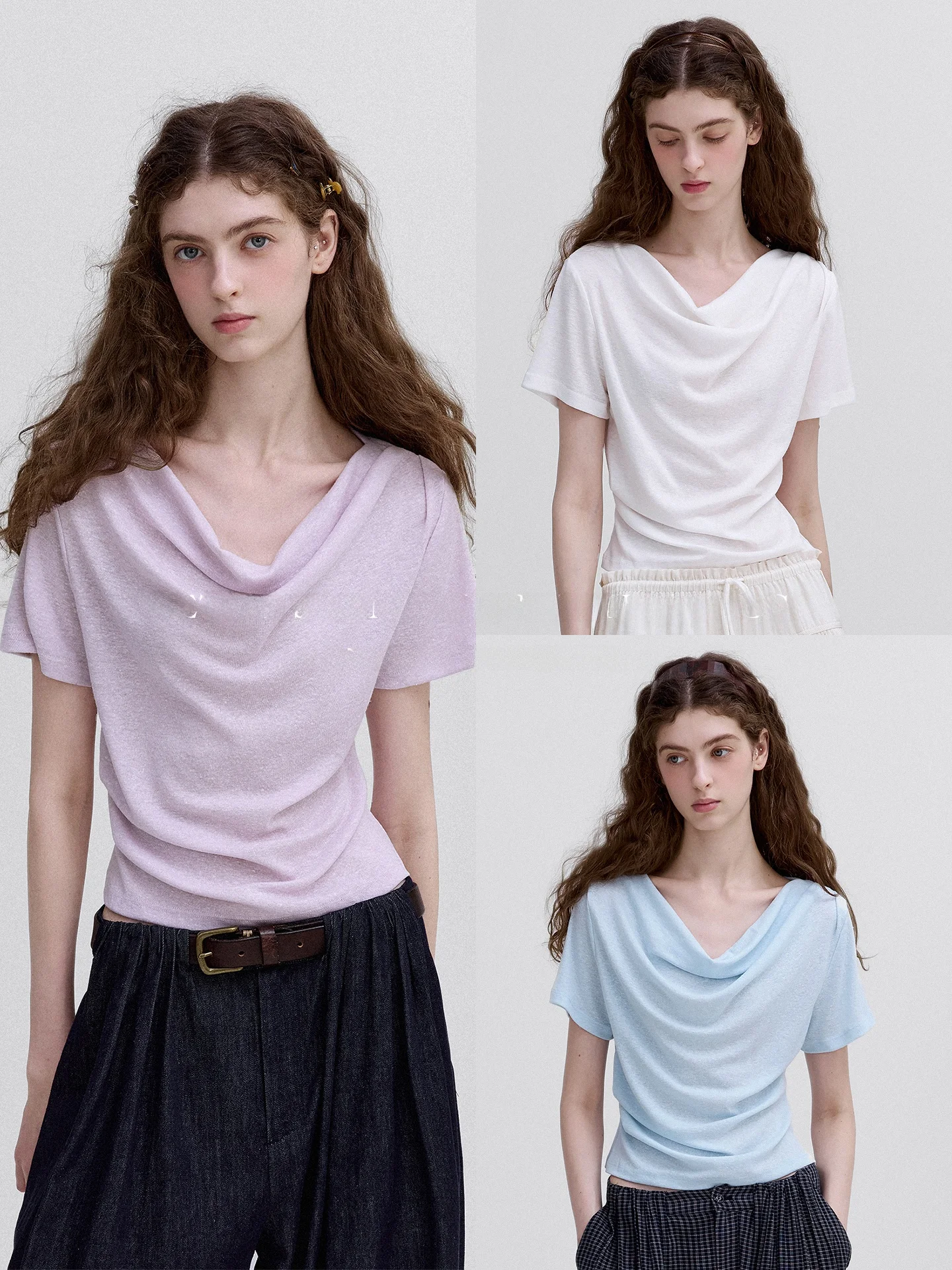 Nordic Summer Linen Texture U-Neck Vintage Waist-Cinching Short Sleeve T-Shirt Women's Commute Style Loose Fit  Color