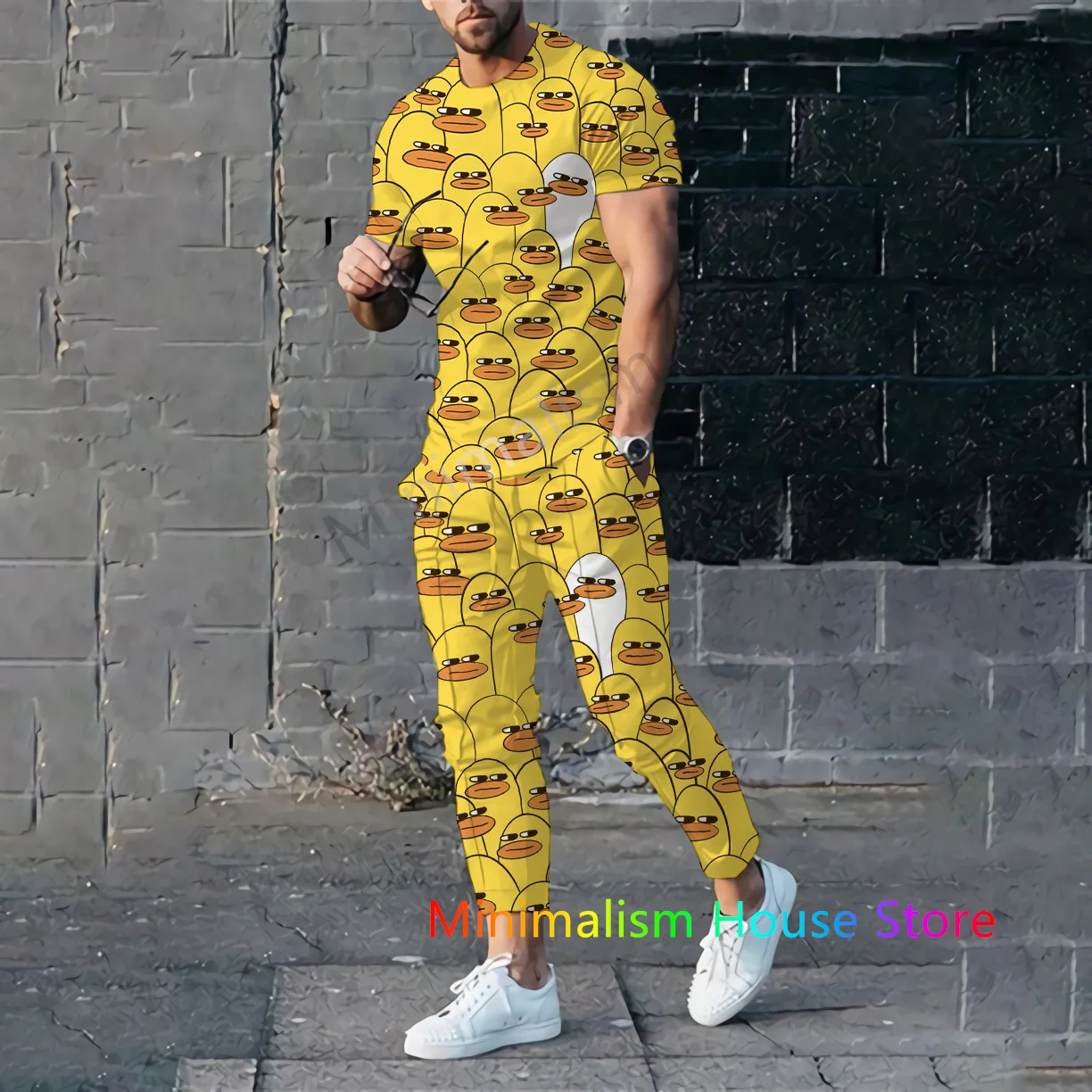 2 Piece Set Outfits Summer Tracksuit For Men Trousers Yellow Duck Print Short Sleeve T Shirt+Long Pants Casual Suit Male Clothes