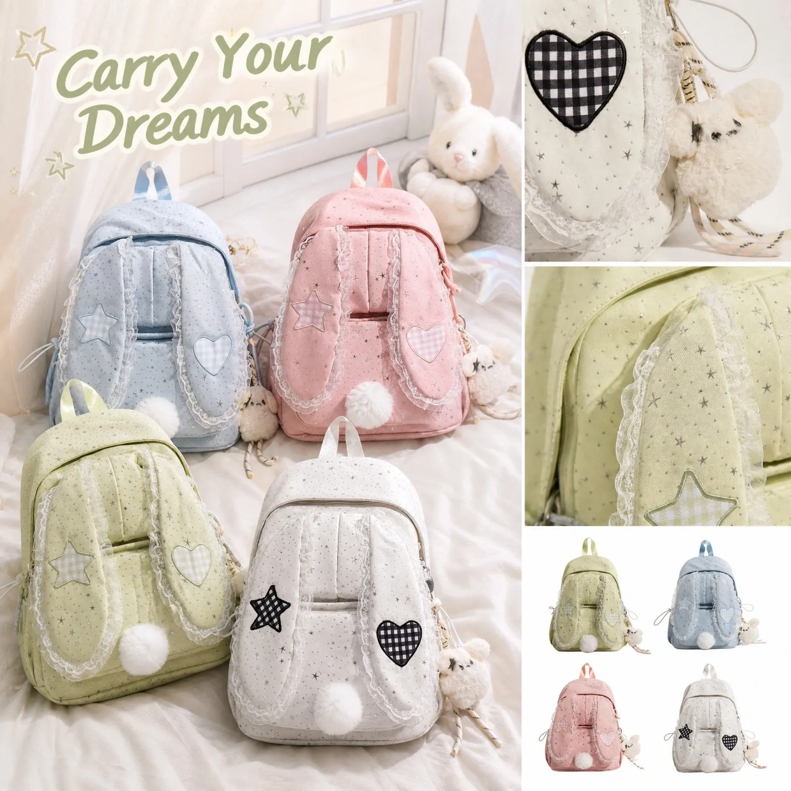 Cute Rabbit-Ear Polka-Dot Lace Backpack for Women Large-Capacity School Bag for School Students Casual Travel Backpacks