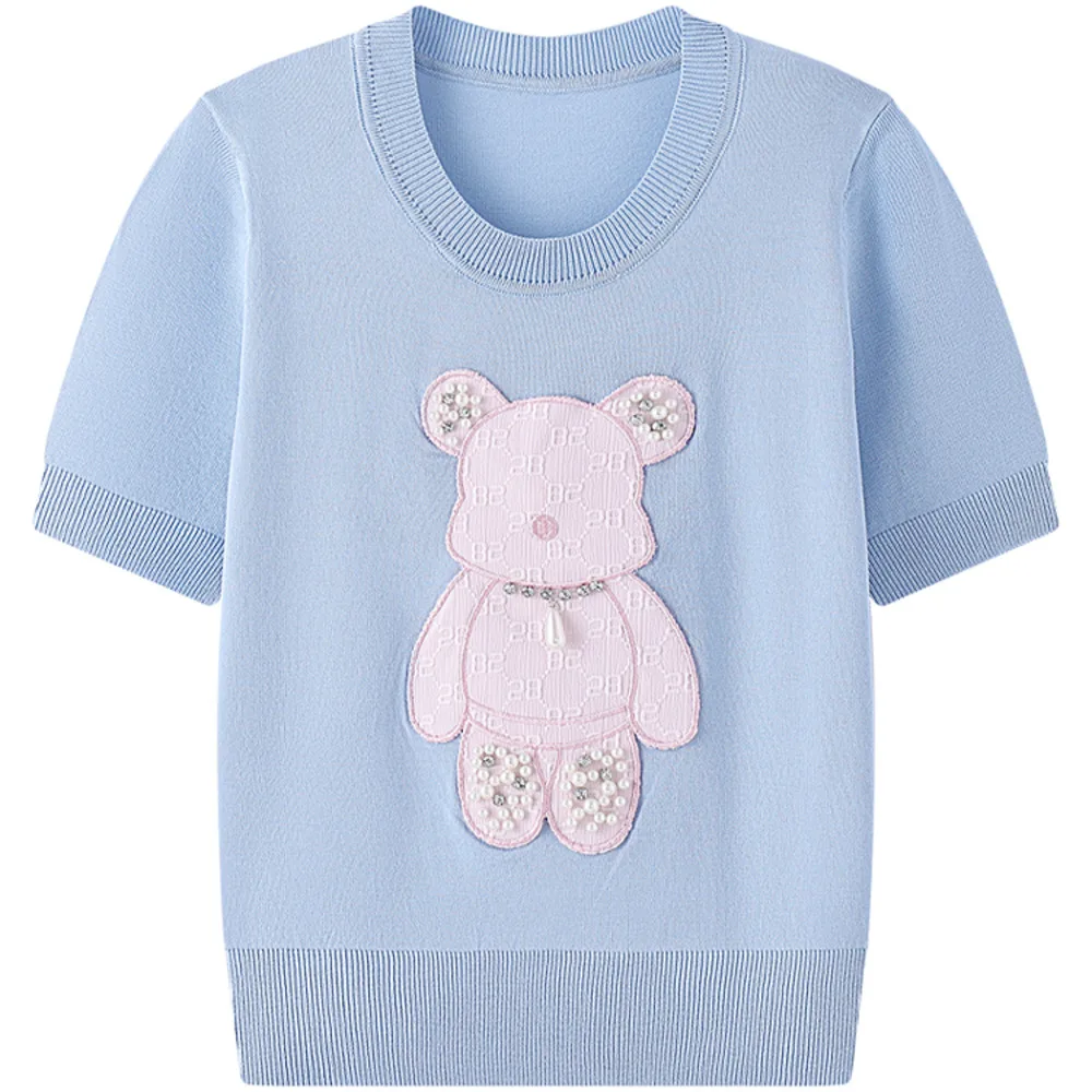 2024 Summer New Cartoon Bear Bead Design Knitting Jumper Short Sleeve Women\'s Casual Knitwear Brand Fashion Ladies Sweater