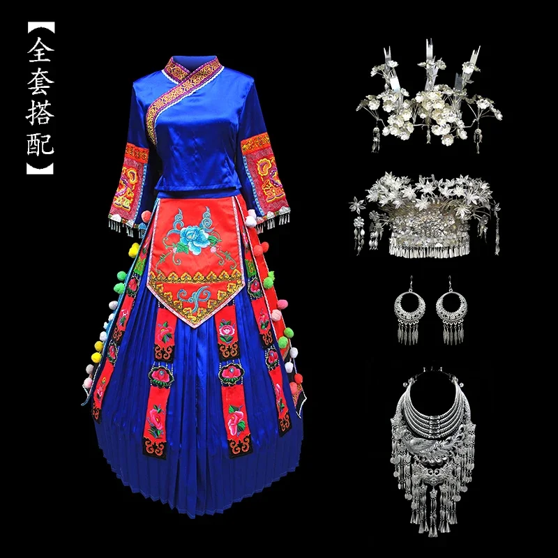 Hmong-ropa tradicional china para mujer, disfraz de Miao, sombrero de plata