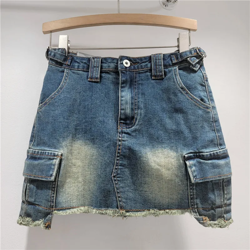 

Women Denim Skirts Solid A Line Jeans Pocket Button Zipper Empire Waist Mini Length Slight Strech Streetwear Casual 2025 Autumn