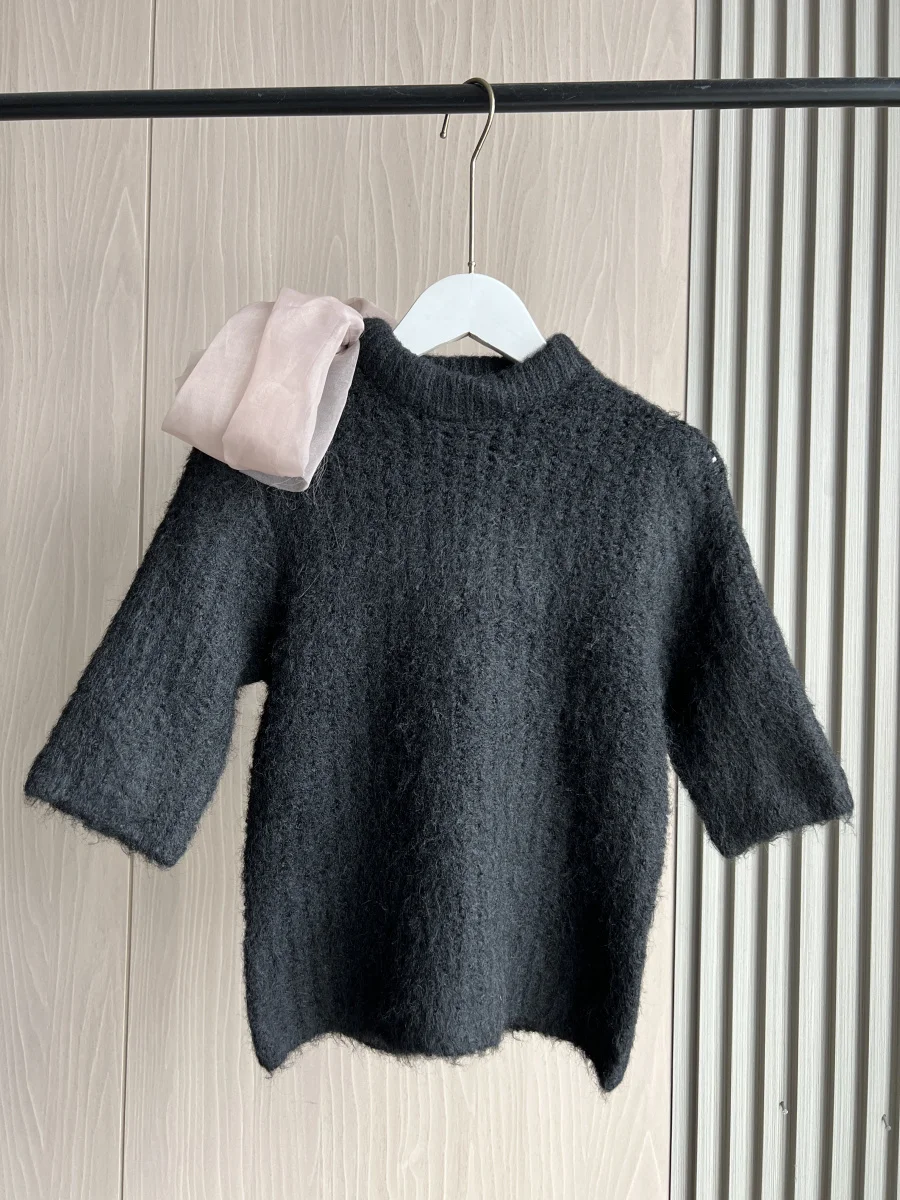 ETJ 2024 automne/hiver nouveau haut tricoté à manches courtes pour femmes, élégant, mode, nœud en organza décoré 2756127