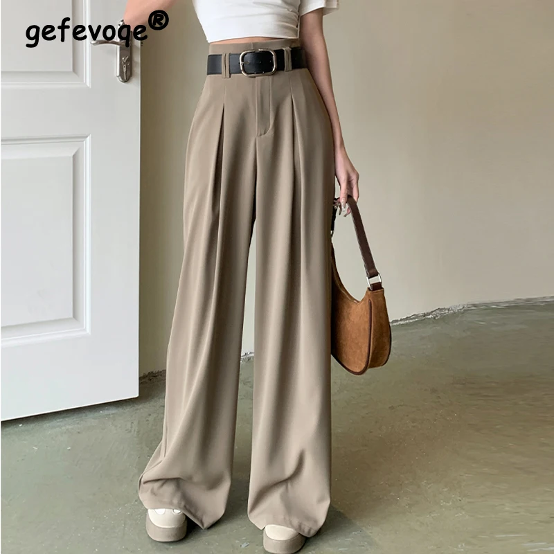 

Women Vintage Fashion Casual Streetwear Chic Wide Leg Suit Pants Office Lady High Waist Solid Loose Straight Trousers Pantalones