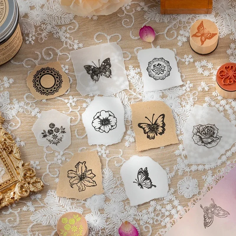 Creative Wooden Cylindrical Stamp Set Butterfly Dancing Among Flowers Series Diary Photo Album DIY Journal Stamps 3 Styles