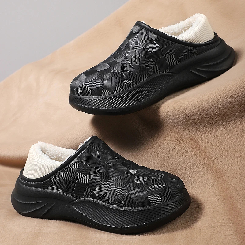 Winter outdoor comfortable warm cotton slippers with heel anti-slip PU fleece solid color indoor cotton shoes