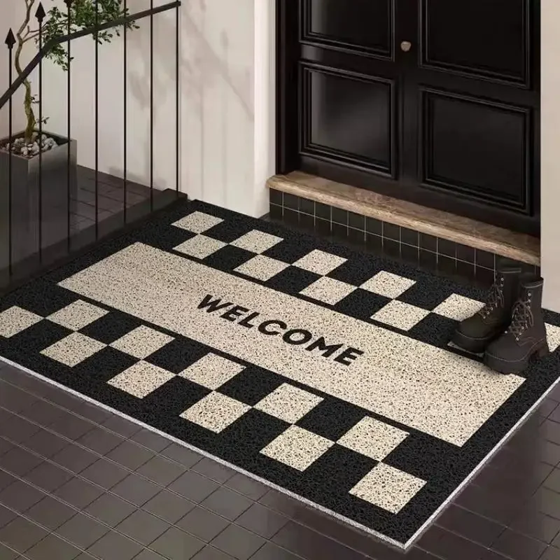 Classic Black-White Checkerboard Wire Loop Mat Easy-Clean Waterproof Heavy-Duty Mat for Home Entryway Kitchen Balcony