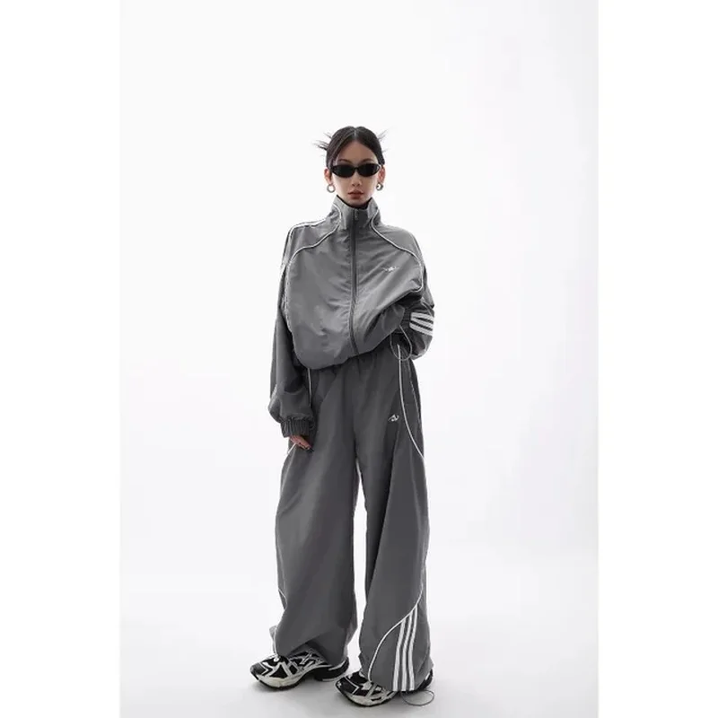 Y2K-Women's Extra Large Workout Suit, Vintage 90 Pant Sets, Hip Hop Jacket, Wide Leg Track Pants, High Streetwear, 2 Pcs Set