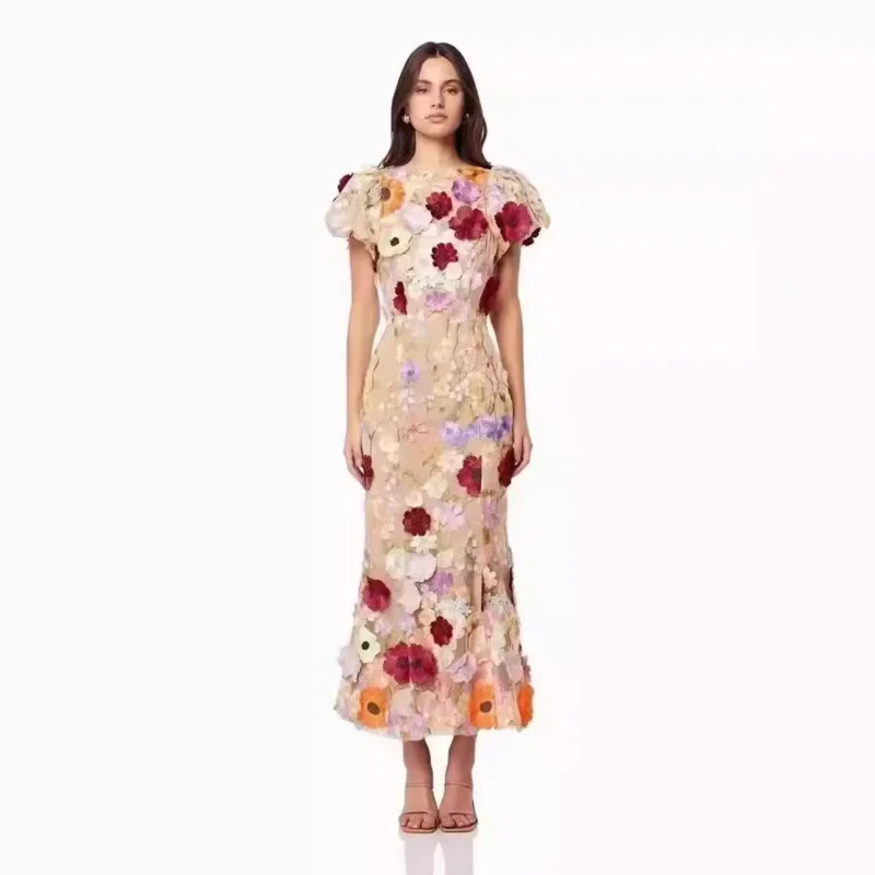 Midi Dresses Casual Slim Fit V-Neck Puff Sleeve Floral Evening Dress Fashion Vintage Style Mid Waist Elegant Party Dresses Woman