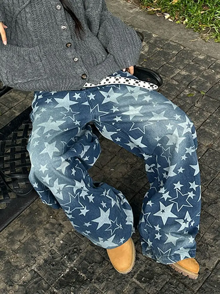

Wome Vintage Blue Y2k Baggy Star Jeans Harajuku Wash Print Denim Trouser Aesthetic 2000s Oversize Hip Hop Jeans Pants Autumn