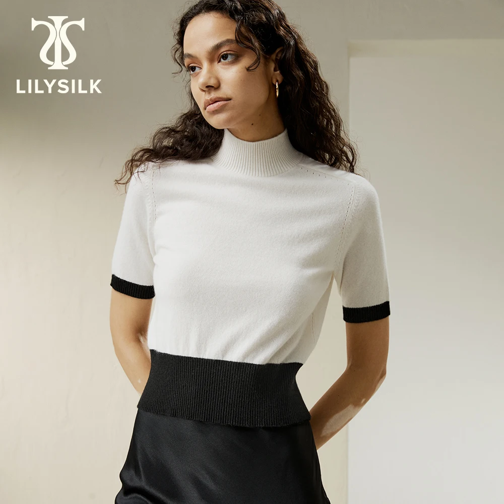 LILYSILK Cashmere Contrast Tee 2023 Fall New Turtleneck Short Sleeve Patchwork Top Elegant Office Lady Outfits Free Shipping