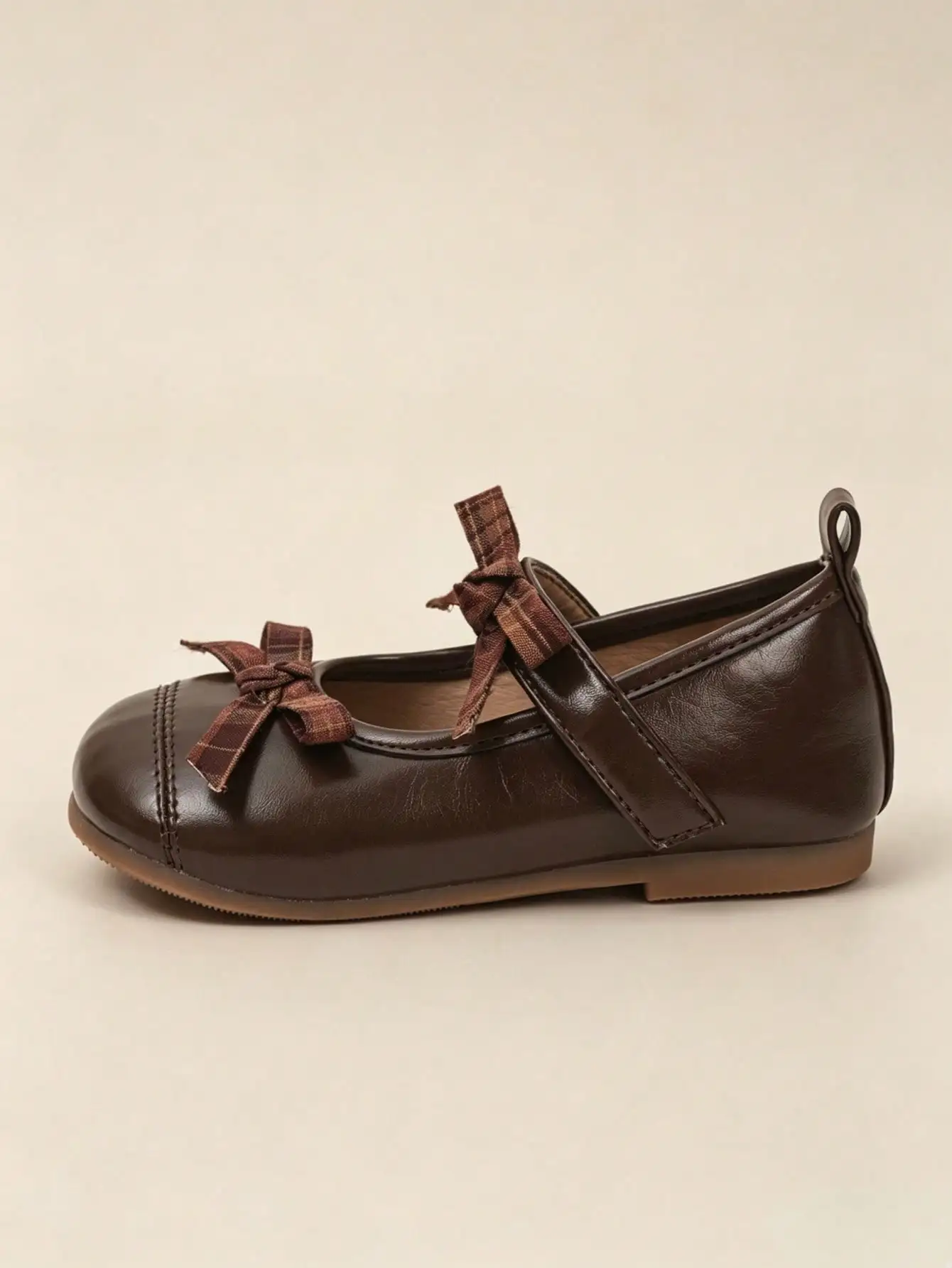 2026 Deep Brown Vintage Double-Layer Plaid Bow Mary Jane Shoes For Girls, 2-10 Years Old, Spring/Autumn New School Style Outfit Shoes, Dirt-Resistant Versatile, Easy Hook-And-Loop Closure Flat Shoes, PU Soft Leather, Comfortable Round Toe