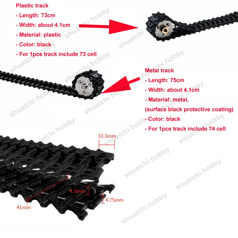 1PCS Model Tank Car Bottom Chassis Plastic/Metal Track Length 73cm/75cm Width 4.1cm Crawler Chain Tire for DIY Excavator Modify