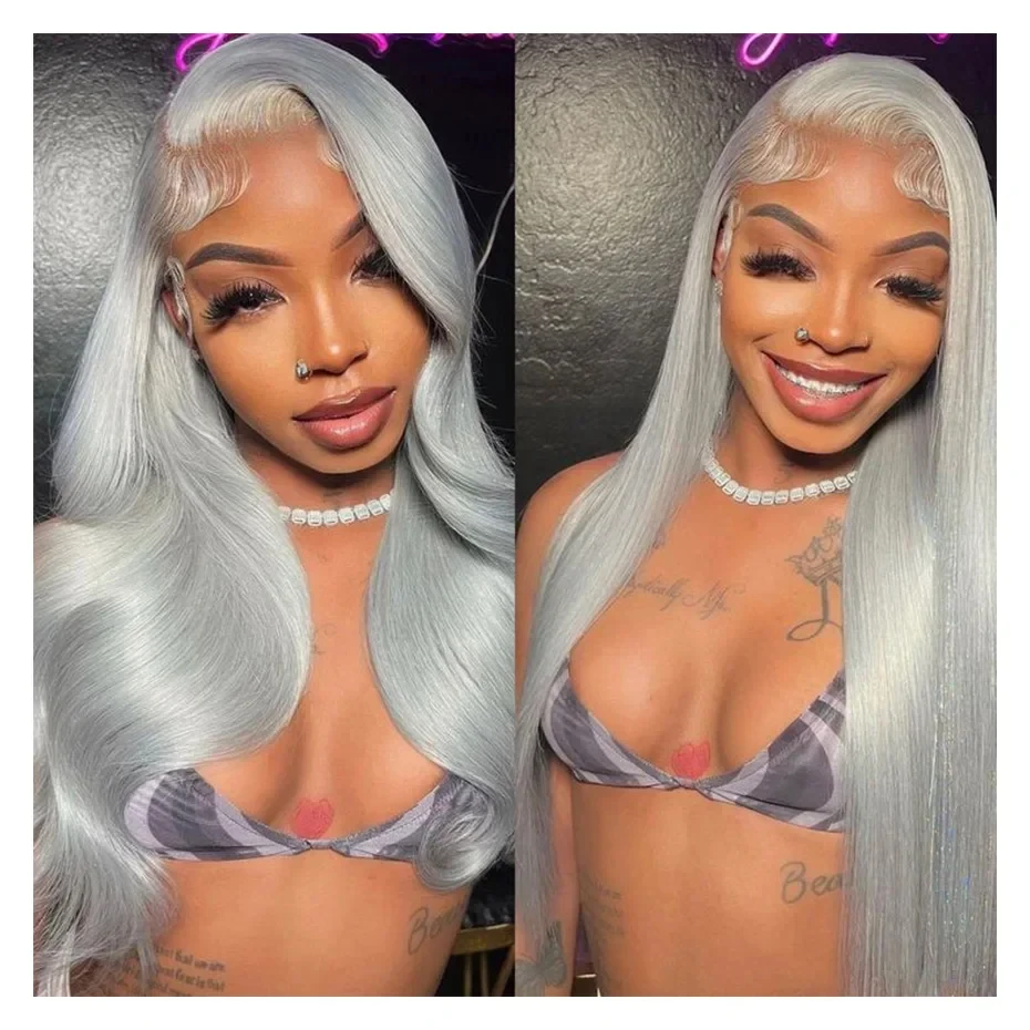 

36 Inch 250 Density Grey Colored Straight Lace Front Human Hair Wigs 13x6 13x4 Transparen Lace Frontal Wigs PrePlucked For Women