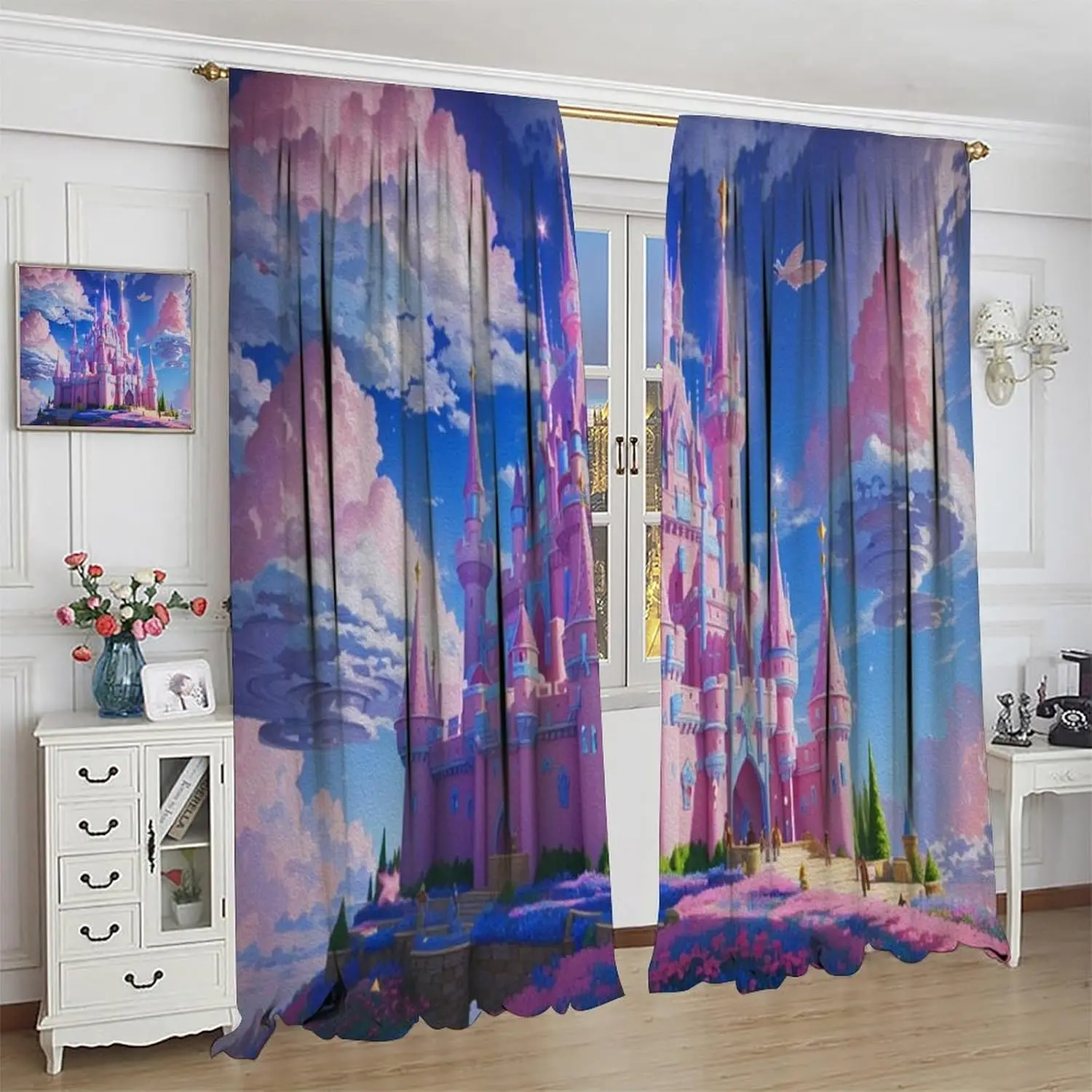 Colorful Princess Castle Curtains for Girls Kids Fairy Tale World Magic Cartoon Blackout Window Drapes for Bedroom Living Room